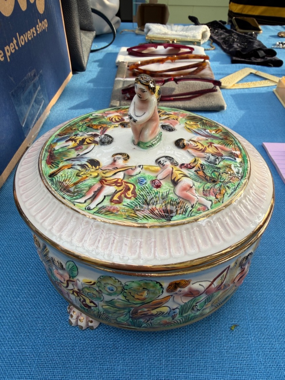 Italian Hand-Painted Capodimonte Porcelain Trinket Box with Figurine Lid
